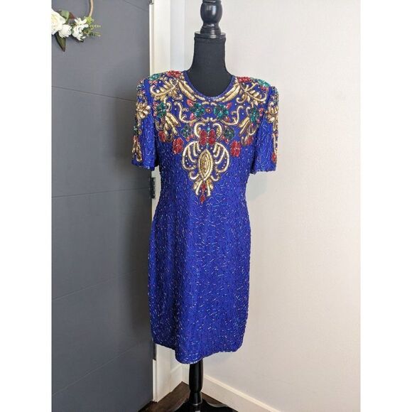 Vintage 80's Scala Royal Cobalt Blue Beaded Silk Cocktail Dress - PL - Picture 1 of 14